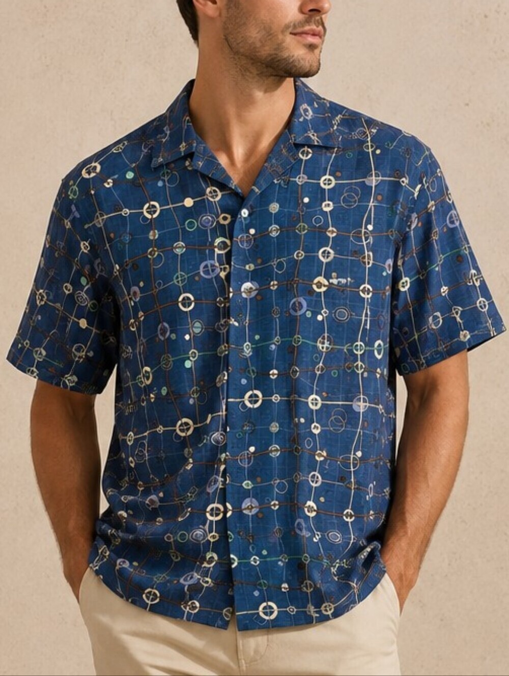 NWT Tori Richard Silk Blue Geometric Short-Sleeve Button-Down Camp Bowling Shirt